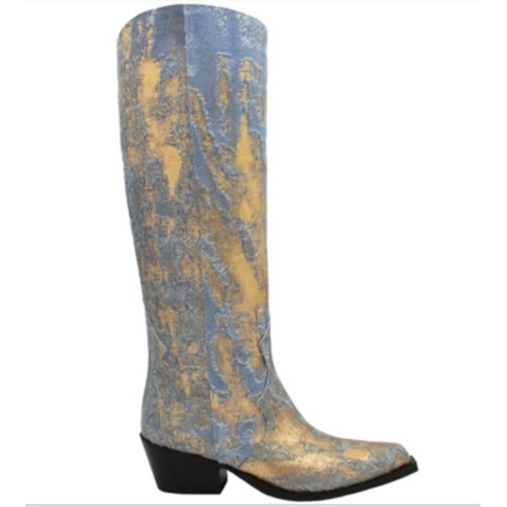 NEW Now Made in Italy Gold With Denim Knee‎ High Block Heel Cowboy Boot Size 6.5